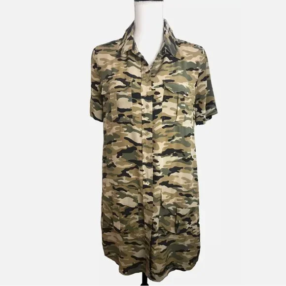 Equipment Femme 100% Silk Shirt Dress Remy Utility Pockets Camo Camouflage Small - Picture 4 of 11